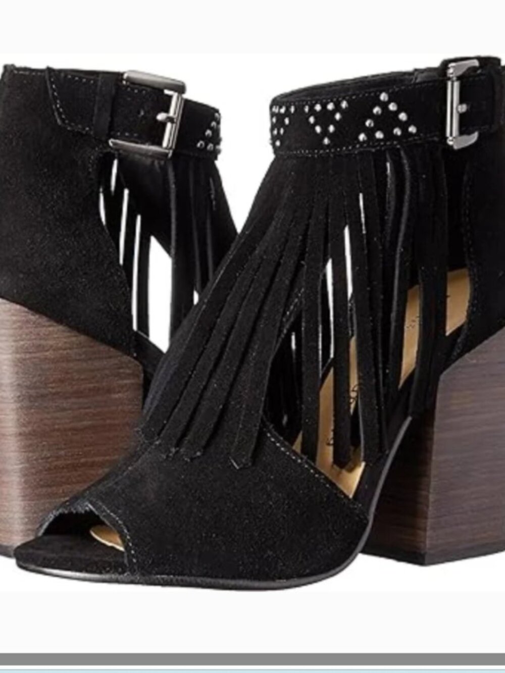 Chinese Laundry Boho Split Suede Black Fringe Open Toe Heeled Bootie sz 6.5 NEW